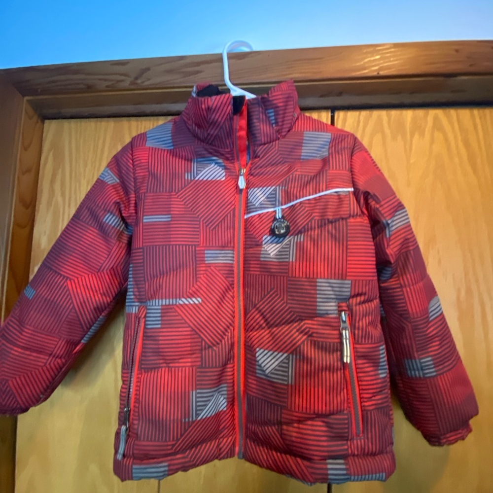 Obermeyer Red and Gray Puffer Jacket with High Collar